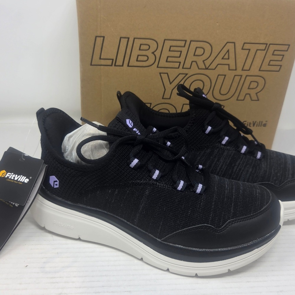 FitVille Walking Shoes Women 8.5W Black Knit Wide Toe Box Athleisure SY-C NWT